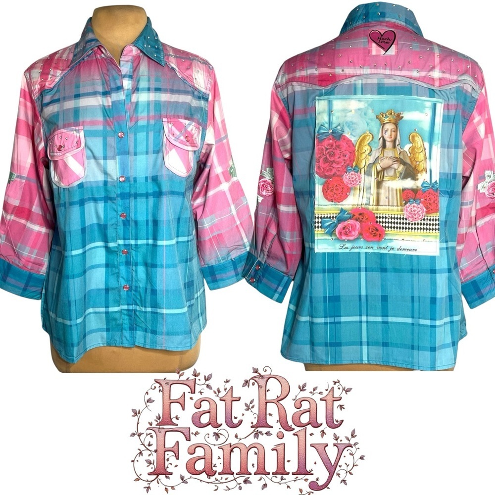 Fat Rat Family Pink Blue Plaid Rhinestone Angel Graphic Snap Button Shirt M/L - Picture 12 of 12